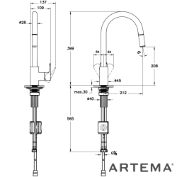 Artema - Artema Flow Soft Spiralli Eviye Bataryası, Mat Siyah (C-Tip, Pull-Out)