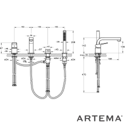 Artema - Artema Minimax Square 4 Delikli Küvet Bataryası, El Duşlu, Fırçalı Bakır
