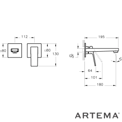 Artema - Artema Minimax Square Ankastre Lavabo Bataryası, Kısa, Fırçalı Bakır (Sıva Üstü Grubu)