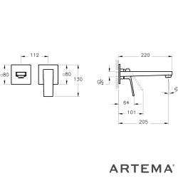 Artema - Artema Minimax Square Ankastre Lavabo Bataryası, Uzun, Fırçalı Nikel (Sıva Üstü Grubu)