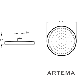 Artema - Artema Core Round Duş Başlığı, 25 cm, Tek Fonksiyonlu, Parlak Siyah