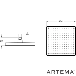 Artema - Artema Core Square Duş Başlığı, 25 cm, Tek Fonksiyonlu, Soft Altın