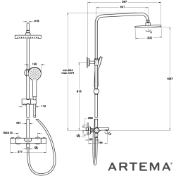Artema - Artema AquaHeat Joy Square 200 Duş Kolonu ve Termostatik Banyo Bataryası Sistemi, Mat Siyah
