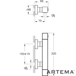 Artema - Artema Base Square Termostatik Duş Bataryası, Fırçalı Altın