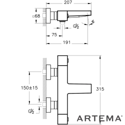 Artema - Artema Base Square Termostatik Banyo Bataryası, Fırçalı Bakır