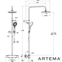 Artema - Artema Base Round 200 Duş Kolonu ve Termostatik Duş Bataryası Sistemi, Mat Siyah