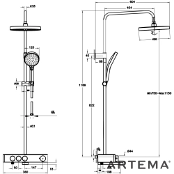 Artema - Artema Core Round 250 Duş Kolonu ve Termostatik Banyo Bataryası Sistemi, Fırçalı Bakır