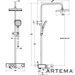 Artema - Artema Core Square 250 Duş Kolonu ve Termostatik Banyo Bataryası Sistemi, Parlak Siyah