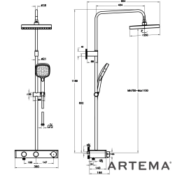 Artema - Artema Core Square 250 Duş Kolonu ve Termostatik Duş Bataryası Sistemi, Soft Altın