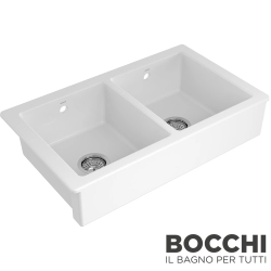 Bocchi - BOCCHI Sotto Çift Gözlü Tezgah Önü Seramik Eviye, 80 cm, Parlak Beyaz