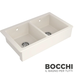 Bocchi - BOCCHI Sotto Çift Gözlü Tezgah Önü Seramik Eviye, 80 cm, Parlak Bisküvi, Bisküvi