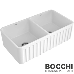 Bocchi - BOCCHI Lavello Desenli Çift Gözlü Seramik Eviye, 85 cm, Parlak Beyaz