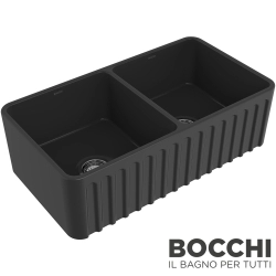 Bocchi - BOCCHI Lavello Desenli Çift Gözlü Seramik Eviye, 85 cm, Parlak Siyah