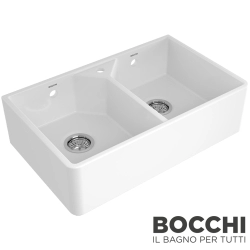 Bocchi - BOCCHI Lavello Çift Gözlü Batarya Banklı Seramik Eviye, 80 cm, Parlak Beyaz