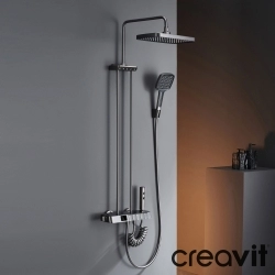 Creavit - Creavit Piano Duvara Monte Termostatik Banyo Bataryalı Çok Fonksiyonlu Duş Kolonu, Gun Grey