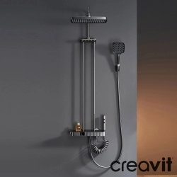 Creavit - Creavit Piano Duvara Monte Termostatik Banyo Bataryalı Çok Fonksiyonlu Duş Kolonu, Gun Grey