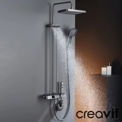 Creavit - Creavit Piano Duvara Monte Termostatik Banyo Bataryalı Çok Fonksiyonlu Duş Kolonu, Gun Grey