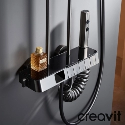 Creavit - Creavit Piano Duvara Monte Termostatik Banyo Bataryalı Çok Fonksiyonlu Duş Kolonu, Gun Grey