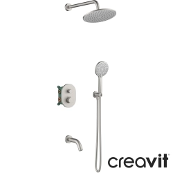 Creavit - Creavit Ruby 3 Yollu Termostatik Ankastre Banyo Bataryası, Yuvarlak Tepe ve El Duşu, Çıkış Ucu Seti, Fırçalı Nikel
