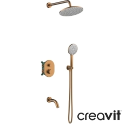 Creavit - Creavit Ruby 3 Yollu Termostatik Ankastre Banyo Bataryası, Yuvarlak Tepe ve El Duşu, Çıkış Ucu Seti, Fırçalı Bakır