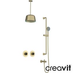 Creavit - Creavit Retro 2 Yollu Termostatik Ankastre Banyo Bataryası, Tavandan Yuvarlak Tepe ve El Duşu, Çıkış Ucu Seti, Fırçalı Altın