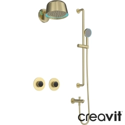 Creavit - Creavit Retro 2 Yollu Termostatik Ankastre Banyo Bataryası, Duvardan Yuvarlak Tepe ve El Duşu, Çıkış Ucu Seti, Fırçalı Altın