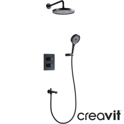 Creavit - Creavit Punto 2 Yollu Termostatik Ankastre Banyo Bataryası, Yuvarlak Tepe ve El Duşu, Çıkış Ucu Seti, Mat Siyah
