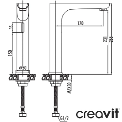 Creavit - Creavit Techno-XL Fotoselli Tezgah Üstü Lavabo Bataryası (Tek Su Girişli, Pilli ve Elektrikli)
