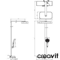 Creavit - Creavit Luma Duvara Monte Termostatik Banyo Bataryalı Çok Fonksiyonlu Duş Kolonu, Gun Grey