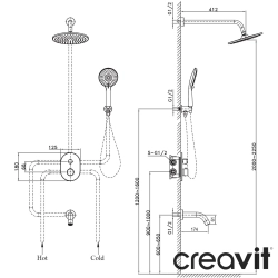 Creavit - Creavit Ruby 3 Yollu Termostatik Ankastre Banyo Bataryası, Yuvarlak Tepe ve El Duşu, Çıkış Ucu Seti, Fırçalı Bakır
