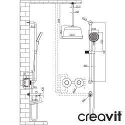 Creavit - Creavit Retro 2 Yollu Termostatik Ankastre Banyo Bataryası, Tavandan Yuvarlak Tepe ve El Duşu, Çıkış Ucu Seti, Fırçalı Altın