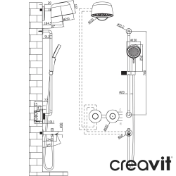 Creavit - Creavit Retro 2 Yollu Termostatik Ankastre Banyo Bataryası, Duvardan Yuvarlak Tepe ve El Duşu, Çıkış Ucu Seti, Fırçalı Altın