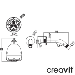 Creavit - Creavit Duş Başlığı, 3 Akışlı (Duvardan Dirsek Dahil)