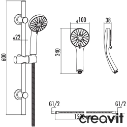 Creavit - Creavit Aria Sürgülü Duş Seti, 5 Akışlı