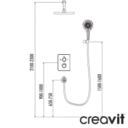 Creavit - Creavit Punto 2 Yollu Termostatik Ankastre Banyo Bataryası, Yuvarlak Tepe ve El Duşu, Çıkış Ucu Seti, Mat Siyah