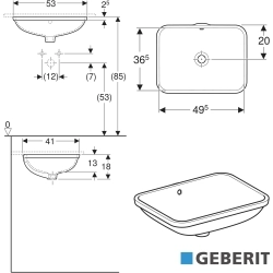 Geberit - Geberit VariForm Dikdörtgen Tezgah Altı Lavabo, 49 cm