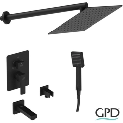 Gpd - GPD Pedra 3 Yollu Ankastre Banyo Bataryası, Kare Tepe ve El Duşu, Çıkış Ucu Seti, Mat Siyah
