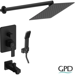 Gpd - GPD Pedra 2 Yollu Ankastre Banyo Bataryası, Kare Tepe ve El Duşu, Çıkış Ucu Seti, Mat Siyah
