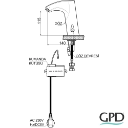 Gpd - GPD Fotoselli Lavabo Bataryası (Çift Su Girişli-Pilli ve Elektrikli), Manuel Isı Kumandalı, Siyah