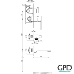 Gpd - GPD Atros Ankastre Banyo Bataryası, 3 Yollu (Çıkış Ucu ve El Duşu Çıkışı Dahil), Siyah