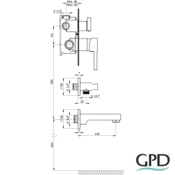 Gpd - GPD Espina Ankastre Banyo Bataryası, 3 Yollu (Çıkış Ucu ve El Duşu Çıkışı Dahil), Siyah