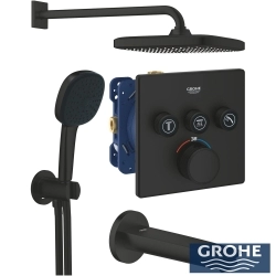 Grohe - Grohe Grohtherm 3 Yollu SmartControl Ankastre Termostatik Banyo Bataryası, Kare Tepe ve El Duşu, Çıkış Ucu Seti, Mat Siyah