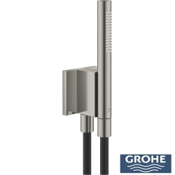 Grohe - Grohe Rainshower Aqua Stick Ankastre Bağlantılı Manyetik El Duşu Seti, 2 Akışlı, Saten Çelik (Siyah Duş Hortumu)