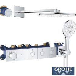 Grohe - Grohe Grohtherm 3 Çıkışlı Aqua Tiles SmartControl Termostatik Ankastre Banyo Bataryası, Yuvarlak Tepe ve El Duşu Seti