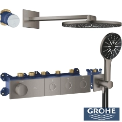 Grohe - Grohe Grohtherm 3 Çıkışlı Aqua Tiles SmartControl Termostatik Ankastre Banyo Bataryası, Yuvarlak Tepe ve El Duşu Seti, Fırçalı Sert Grafit