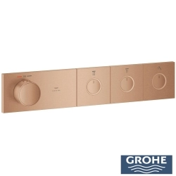 Grohe - Grohe Grohtherm 3 Çıkışlı Aqua Tiles SmartControl Termostatik Ankastre Banyo Bataryası, Yuvarlak Tepe ve El Duşu Seti, Fırçalı Bakır