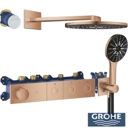 Grohe - Grohe Grohtherm 3 Çıkışlı Aqua Tiles SmartControl Termostatik Ankastre Banyo Bataryası, Yuvarlak Tepe ve El Duşu Seti, Fırçalı Bakır