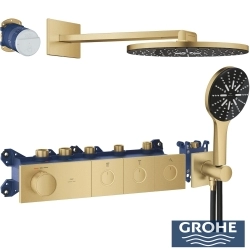 Grohe - Grohe Grohtherm 3 Çıkışlı Aqua Tiles SmartControl Termostatik Ankastre Banyo Bataryası, Yuvarlak Tepe ve El Duşu Seti, Fırçalı Altın