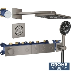 Grohe - Grohe Grohtherm 4 Çıkışlı Aqua Tiles SmartControl Termostatik Ankastre Banyo Bataryası, Dikdörtgen Tepe ve El Duşu, Yan Jet Seti, Fırçalı Sert Grafit