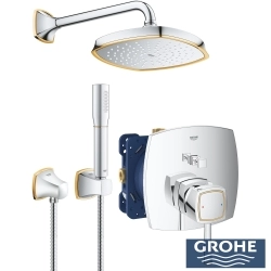 Grohe - Grohe Grandera Ankastre Banyo/Duş Bataryası, Tepe ve El Duşu Seti, Krom-Altın